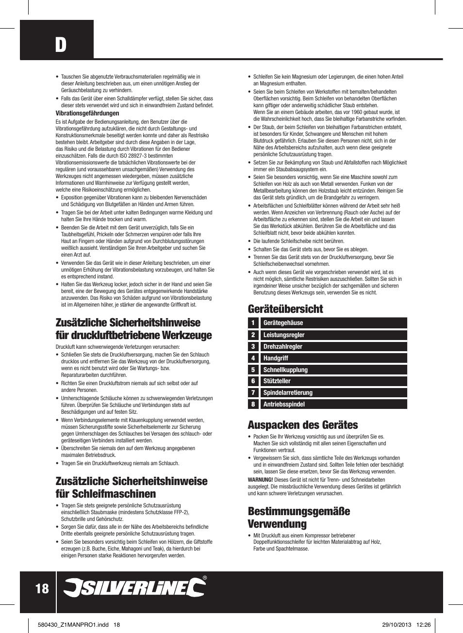Geräteübersicht auspacken des gerätes, Bestimmungsgemäße verwendung | Silverline Air Sander & Polisher User Manual | Page 19 / 40