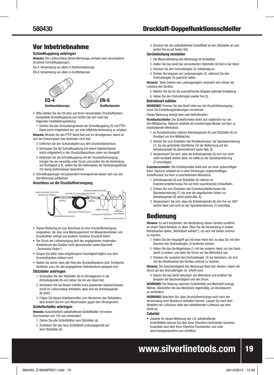 Vor inbetriebnahme, Bedienung, Eq-4 | En-6 | Silverline Air Sander & Polisher User Manual | Page 20 / 40