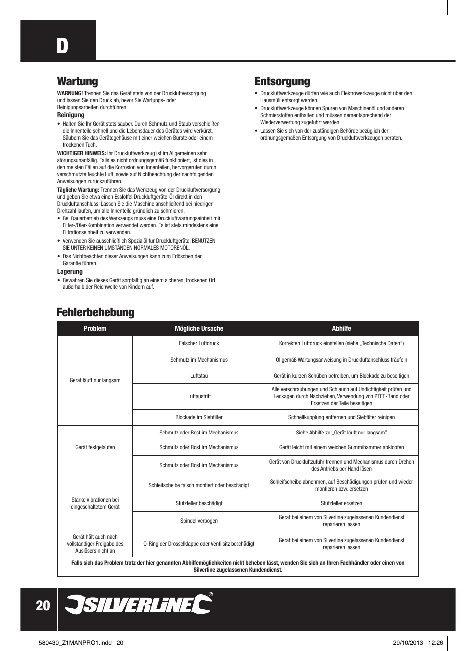 Wartung, Entsorgung, Fehlerbehebung | Silverline Air Sander & Polisher User Manual | Page 21 / 40