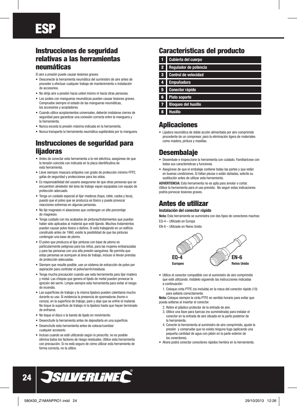 Instrucciones de seguridad para lijadoras, Características del producto aplicaciones, Desembalaje | Antes de utilizar, Eq-4, En-6 | Silverline Air Sander & Polisher User Manual | Page 25 / 40