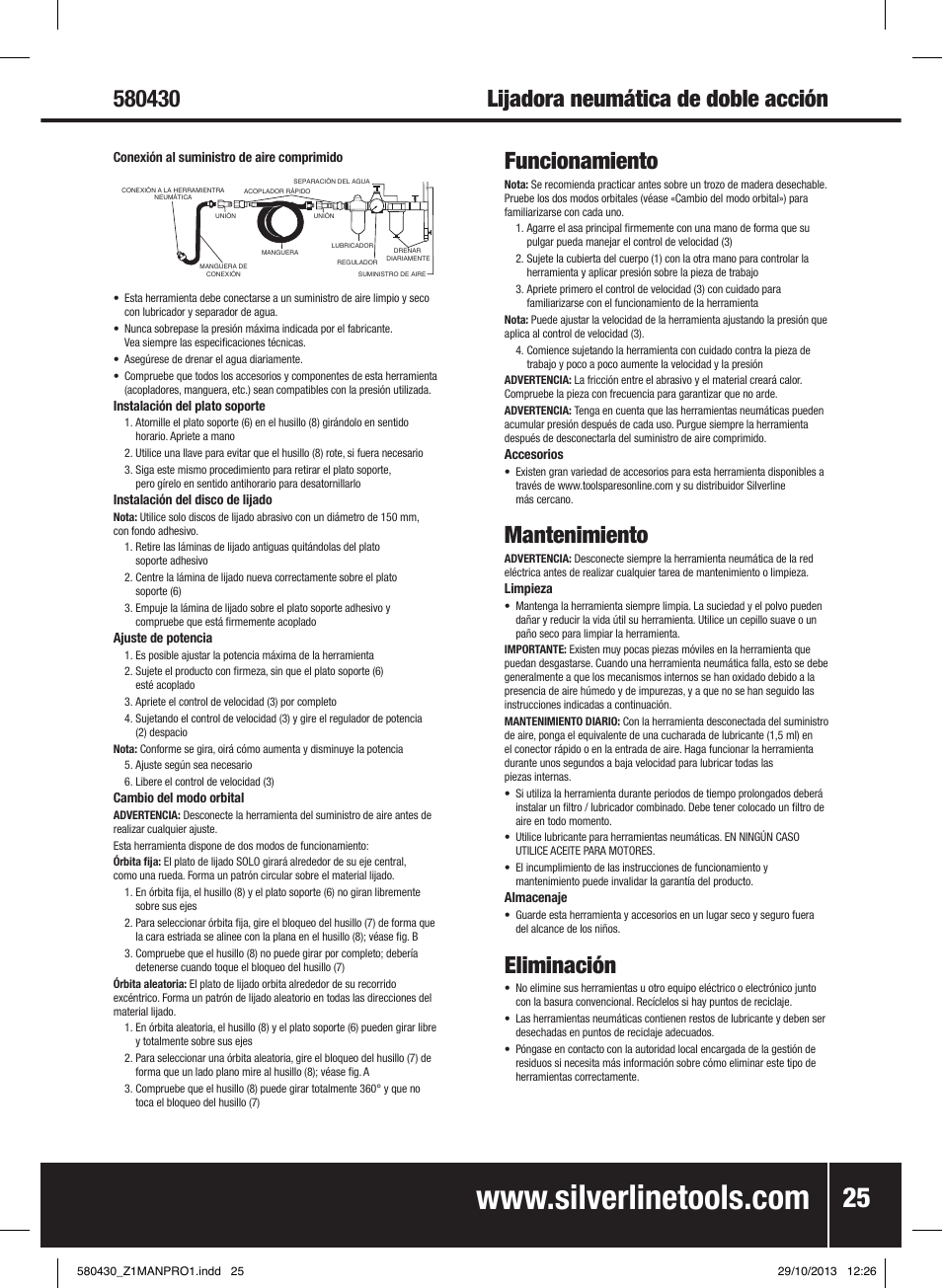 Funcionamiento, Mantenimiento, Eliminación | Silverline Air Sander & Polisher User Manual | Page 26 / 40