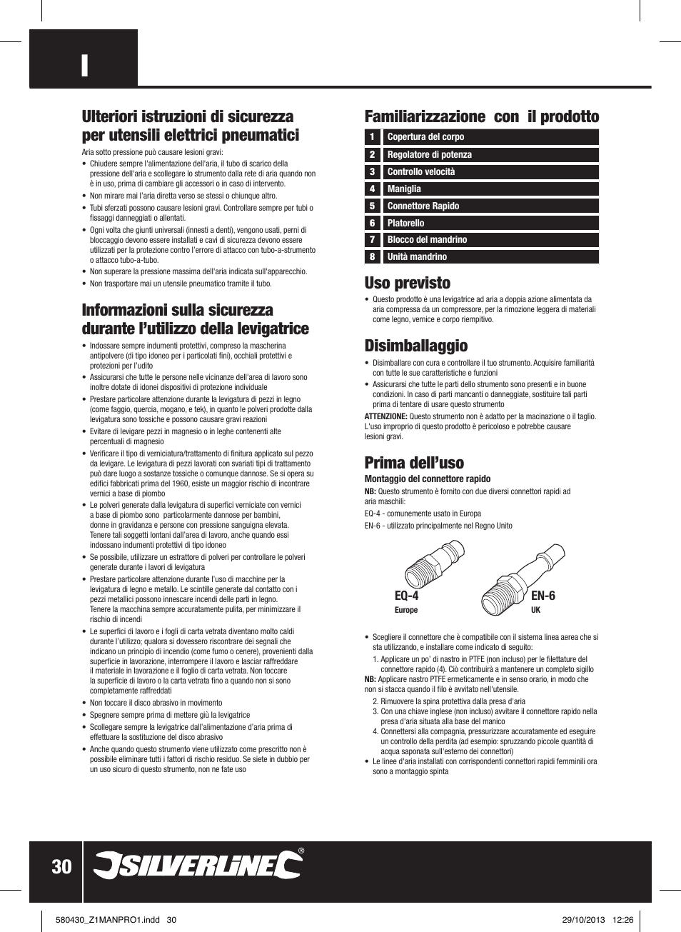 Familiarizzazione con il prodotto uso previsto, Disimballaggio, Prima dell’uso | Eq-4, En-6 | Silverline Air Sander & Polisher User Manual | Page 31 / 40