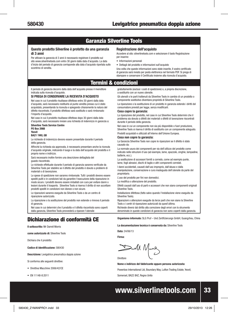 Dichiarazione di conformità ce | Silverline Air Sander & Polisher User Manual | Page 34 / 40