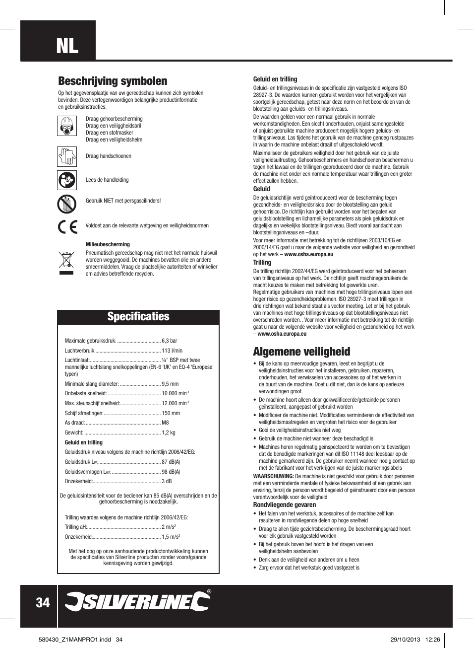 Algemene veiligheid, Beschrijving symbolen, Specificaties | Silverline Air Sander & Polisher User Manual | Page 35 / 40