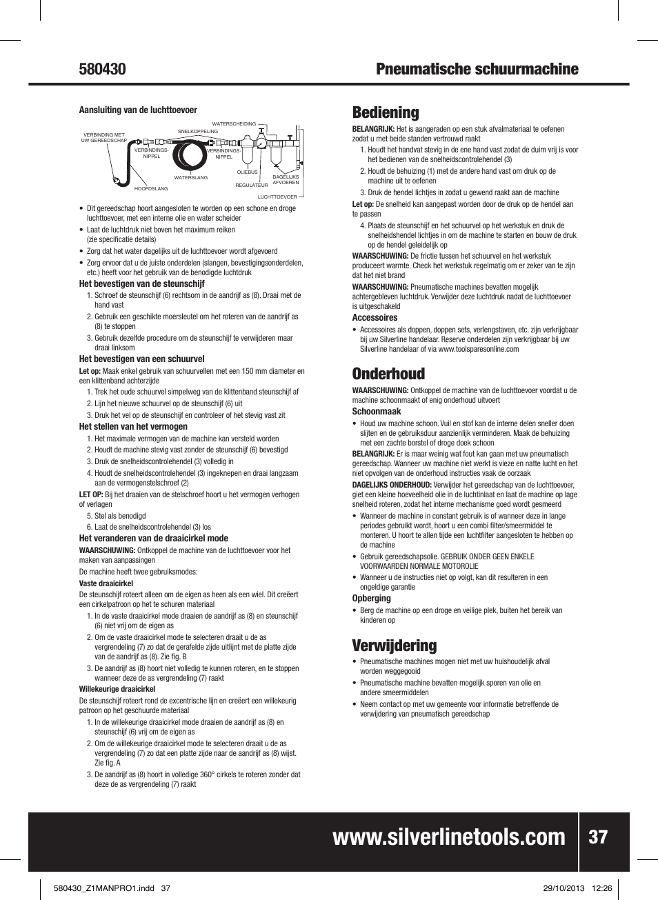 Bediening, Onderhoud, Verwijdering | Silverline Air Sander & Polisher User Manual | Page 38 / 40