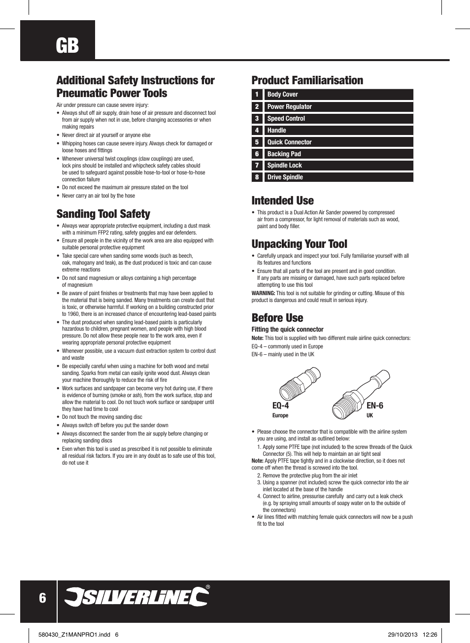 Intended use, Unpacking your tool, Before use | Sanding tool safety, Product familiarisation, Eq-4, En-6 | Silverline Air Sander & Polisher User Manual | Page 7 / 40