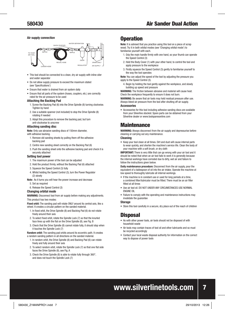 Operation, Maintenance, Disposal | Silverline Air Sander & Polisher User Manual | Page 8 / 40