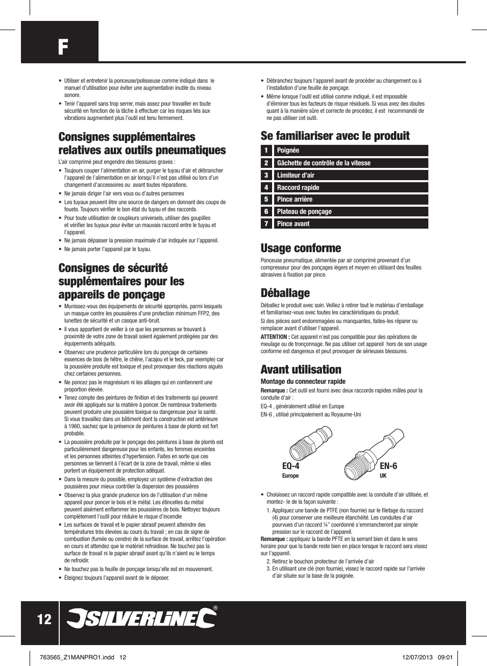 Se familiariser avec le produit, Usage conforme, Déballage | Avant utilisation | Silverline Air Orbital Jitterbug Sander User Manual | Page 13 / 40