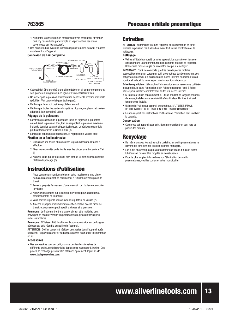 Instructions d’utilisation, Entretien, Recyclage | Silverline Air Orbital Jitterbug Sander User Manual | Page 14 / 40