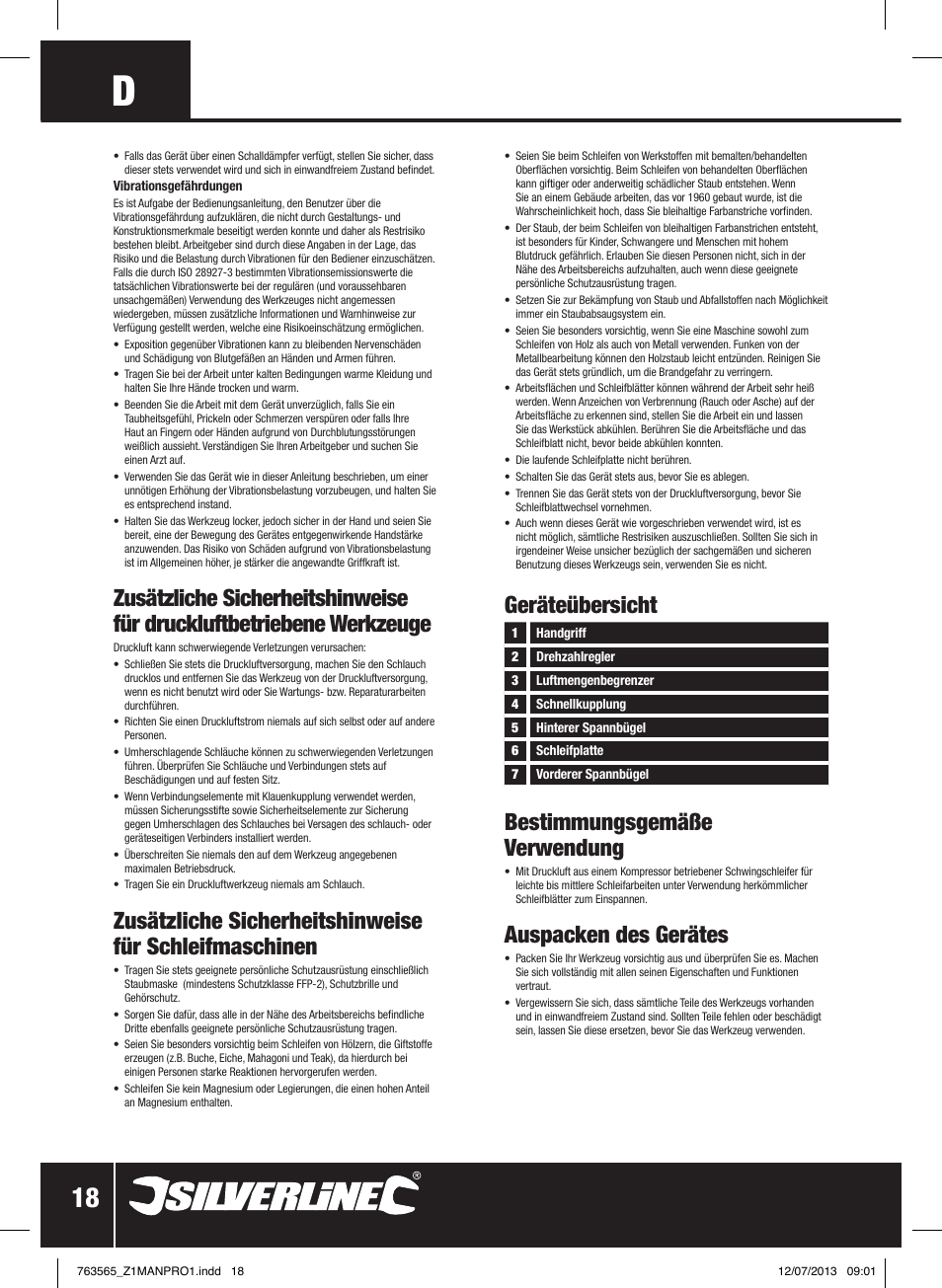 Geräteübersicht, Bestimmungsgemäße verwendung, Auspacken des gerätes | Silverline Air Orbital Jitterbug Sander User Manual | Page 19 / 40