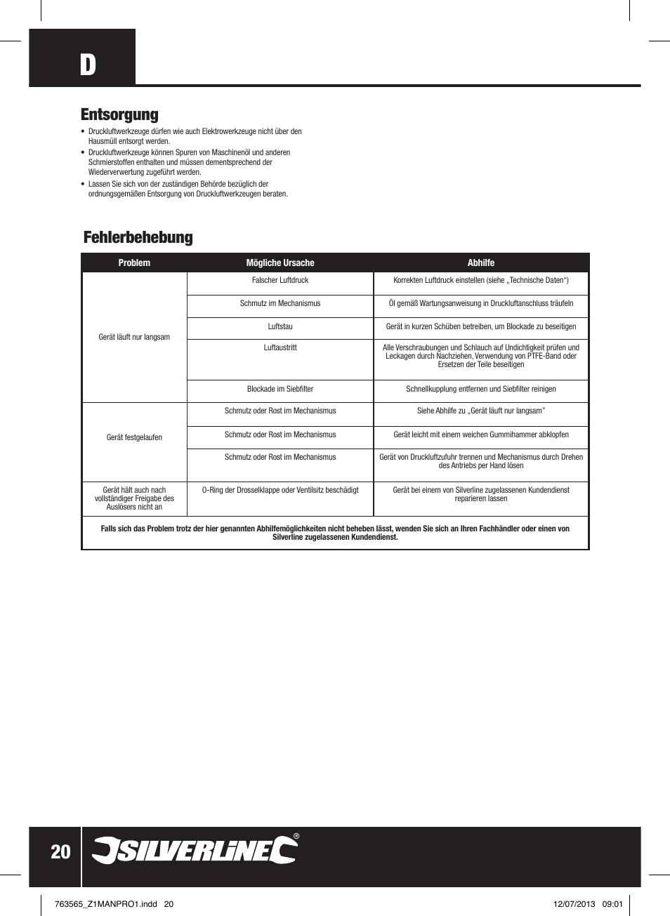 Entsorgung, Fehlerbehebung | Silverline Air Orbital Jitterbug Sander User Manual | Page 21 / 40