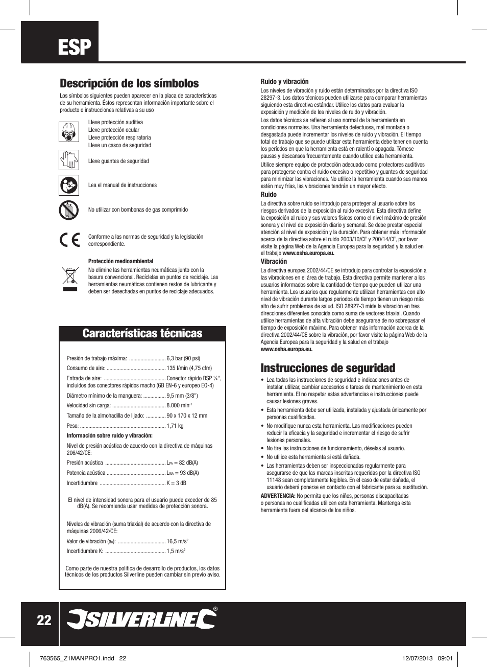 Instrucciones de seguridad, Descripción de los símbolos, Características técnicas | Silverline Air Orbital Jitterbug Sander User Manual | Page 23 / 40