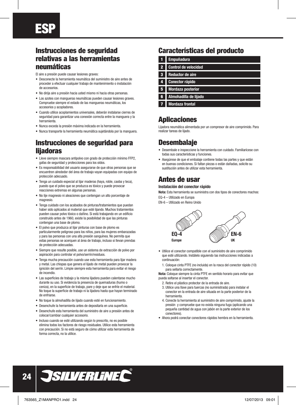 Instrucciones de seguridad para lijadoras, Aplicaciones, Desembalaje | Antes de usar | Silverline Air Orbital Jitterbug Sander User Manual | Page 25 / 40