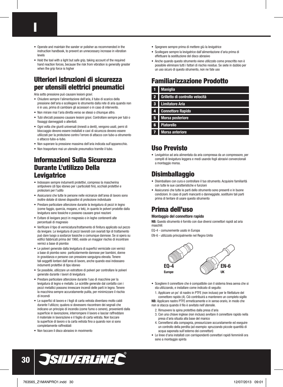 Familiarizzazione prodotto, Uso previsto, Disimballaggio | Prima dell’uso, Eq-4, En-6 | Silverline Air Orbital Jitterbug Sander User Manual | Page 31 / 40