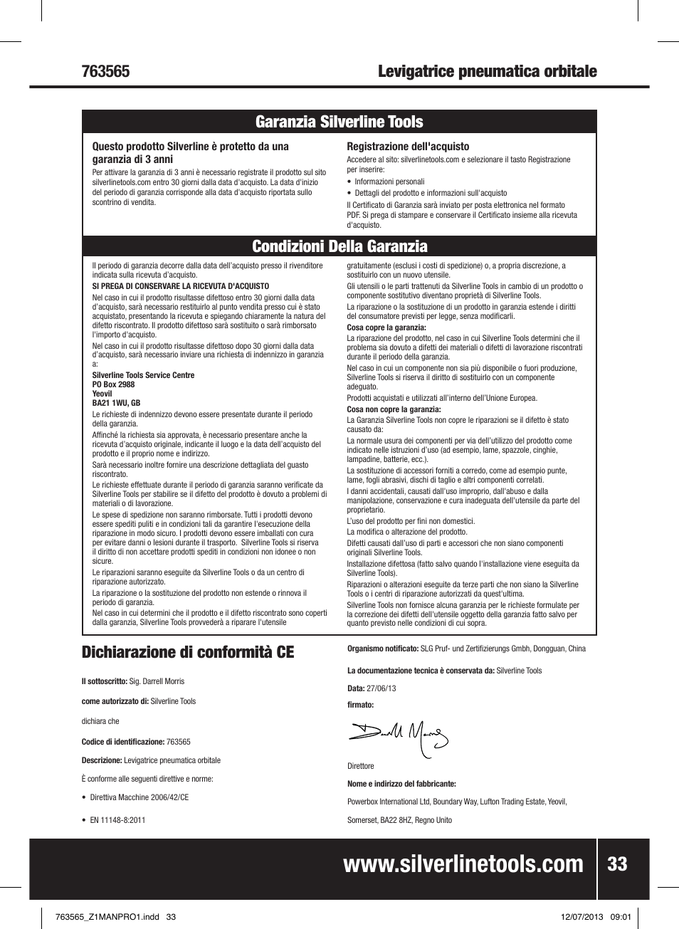 Dichiarazione di conformità ce | Silverline Air Orbital Jitterbug Sander User Manual | Page 34 / 40