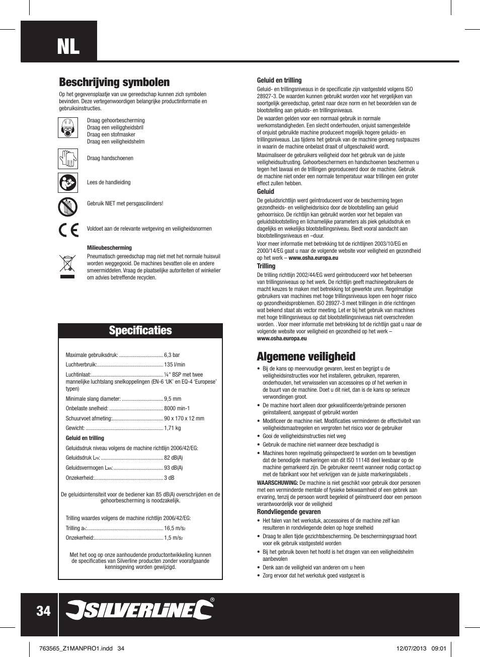 Algemene veiligheid, Beschrijving symbolen, Specificaties | Silverline Air Orbital Jitterbug Sander User Manual | Page 35 / 40