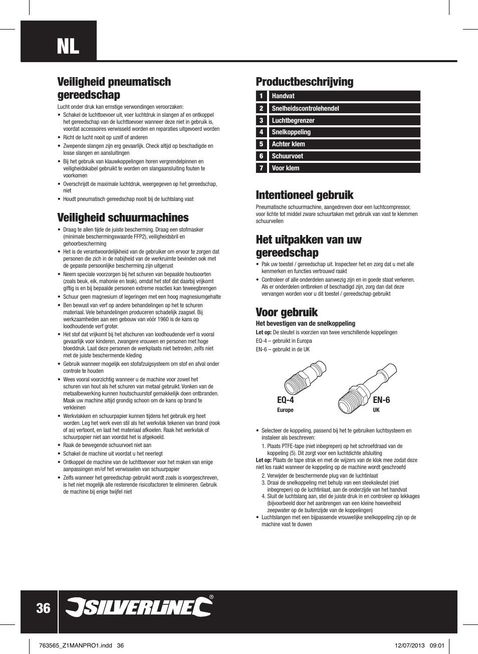 Veiligheid schuurmachines, Intentioneel gebruik, Het uitpakken van uw gereedschap | Voor gebruik, Eq-4, En-6 | Silverline Air Orbital Jitterbug Sander User Manual | Page 37 / 40