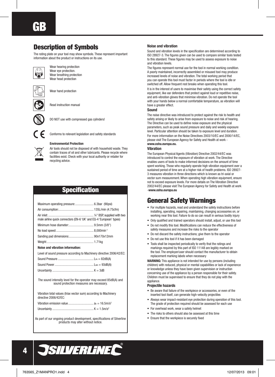 General safety warnings, Description of symbols, Specification | Silverline Air Orbital Jitterbug Sander User Manual | Page 5 / 40
