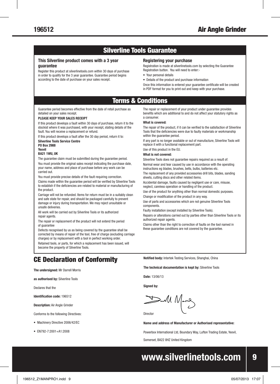 Ce declaration of conformity | Silverline Air Angle Grinder User Manual | Page 10 / 40