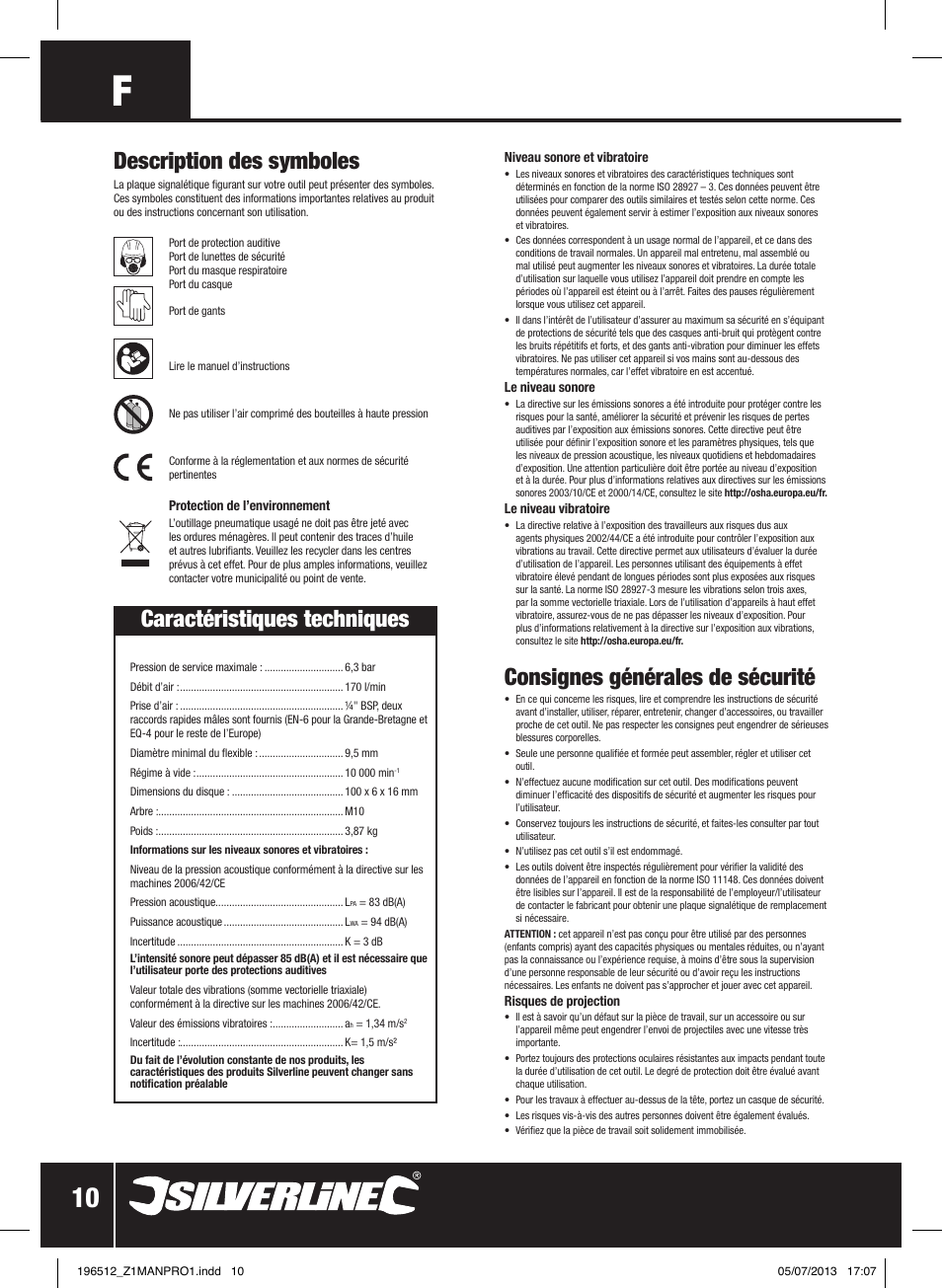 Consignes générales de sécurité, Description des symboles, Caractéristiques techniques | Silverline Air Angle Grinder User Manual | Page 11 / 40