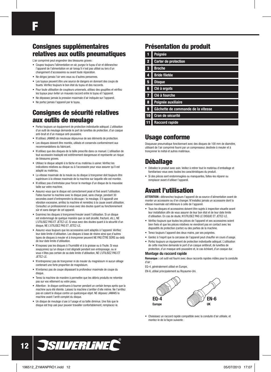 Présentation du produit, Usage conforme, Déballage | Avant l’utilisation, Eq-4, En-6 | Silverline Air Angle Grinder User Manual | Page 13 / 40