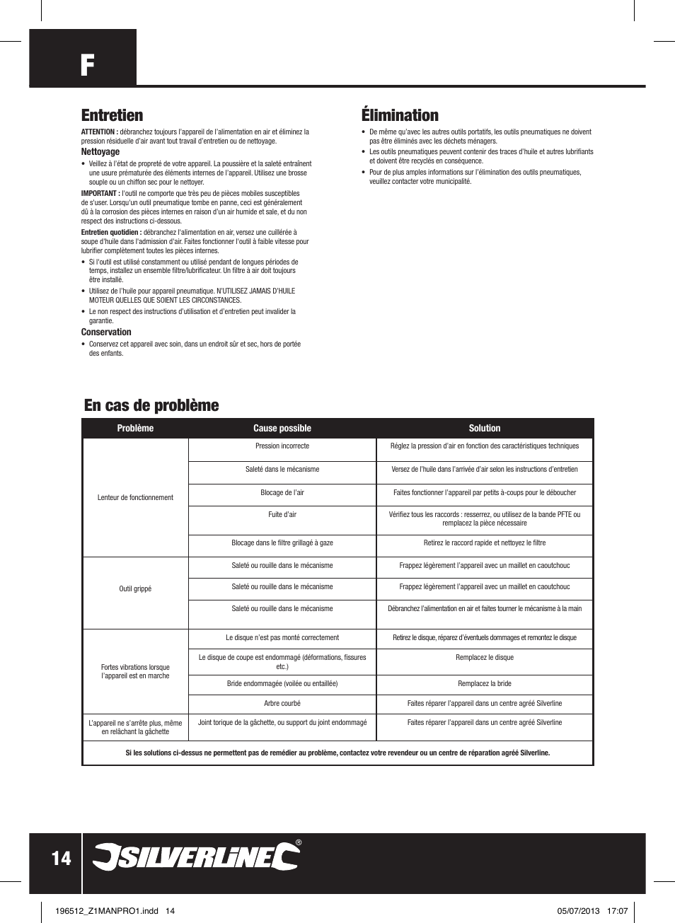 Entretien, Élimination, En cas de problème | Silverline Air Angle Grinder User Manual | Page 15 / 40