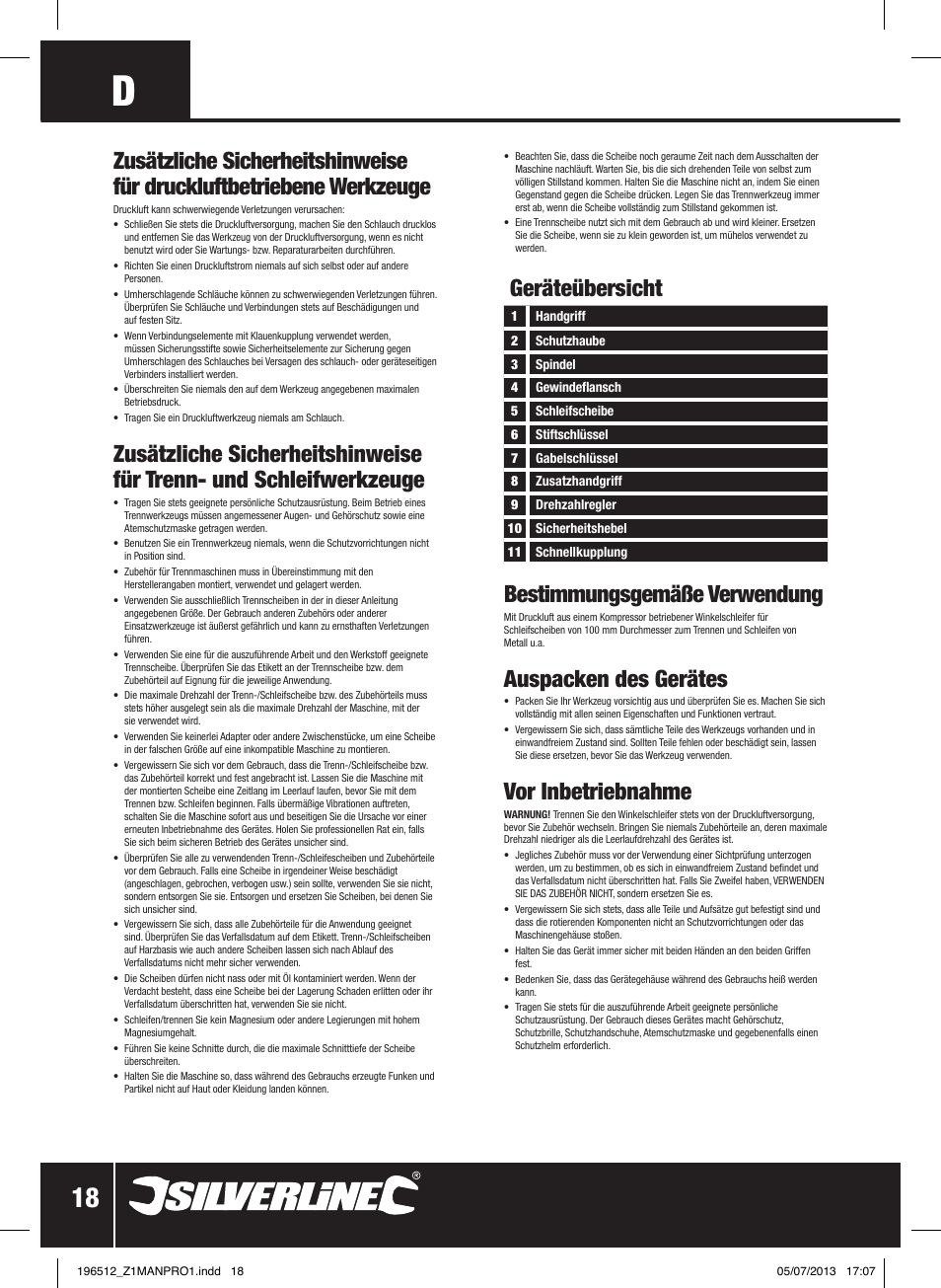 Geräteübersicht bestimmungsgemäße verwendung, Auspacken des gerätes, Vor inbetriebnahme | Silverline Air Angle Grinder User Manual | Page 19 / 40