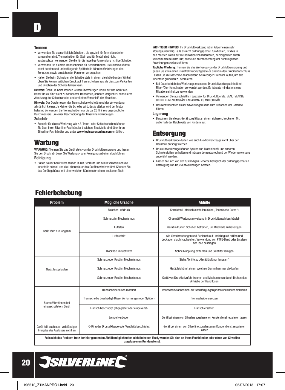 Wartung, Entsorgung, Fehlerbehebung | Silverline Air Angle Grinder User Manual | Page 21 / 40