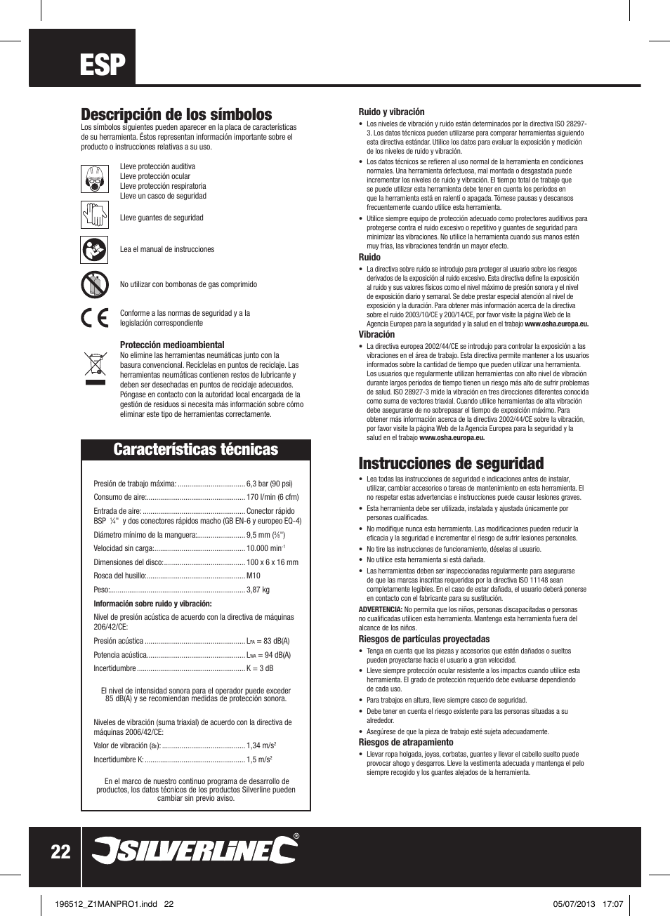 Instrucciones de seguridad, Descripción de los símbolos, Características técnicas | Silverline Air Angle Grinder User Manual | Page 23 / 40