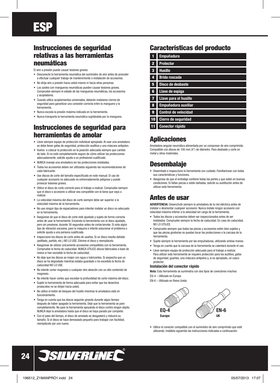 Características del producto aplicaciones, Desembalaje, Antes de usar | Eq-4, En-6 | Silverline Air Angle Grinder User Manual | Page 25 / 40