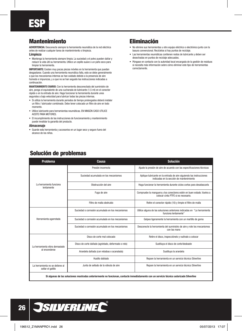 Mantenimiento, Solución de problemas eliminación | Silverline Air Angle Grinder User Manual | Page 27 / 40