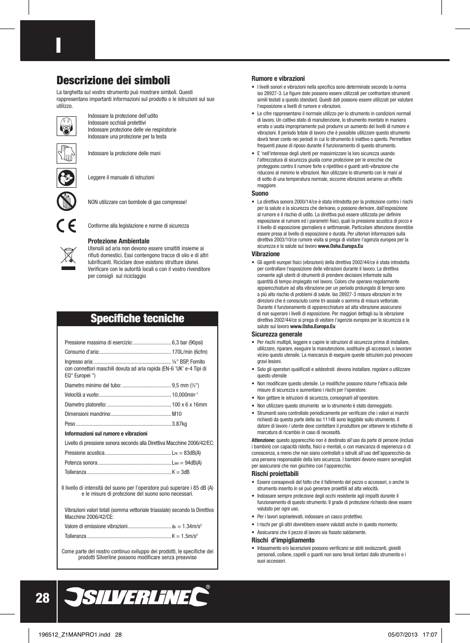 Descrizione dei simboli, Specifiche tecniche | Silverline Air Angle Grinder User Manual | Page 29 / 40