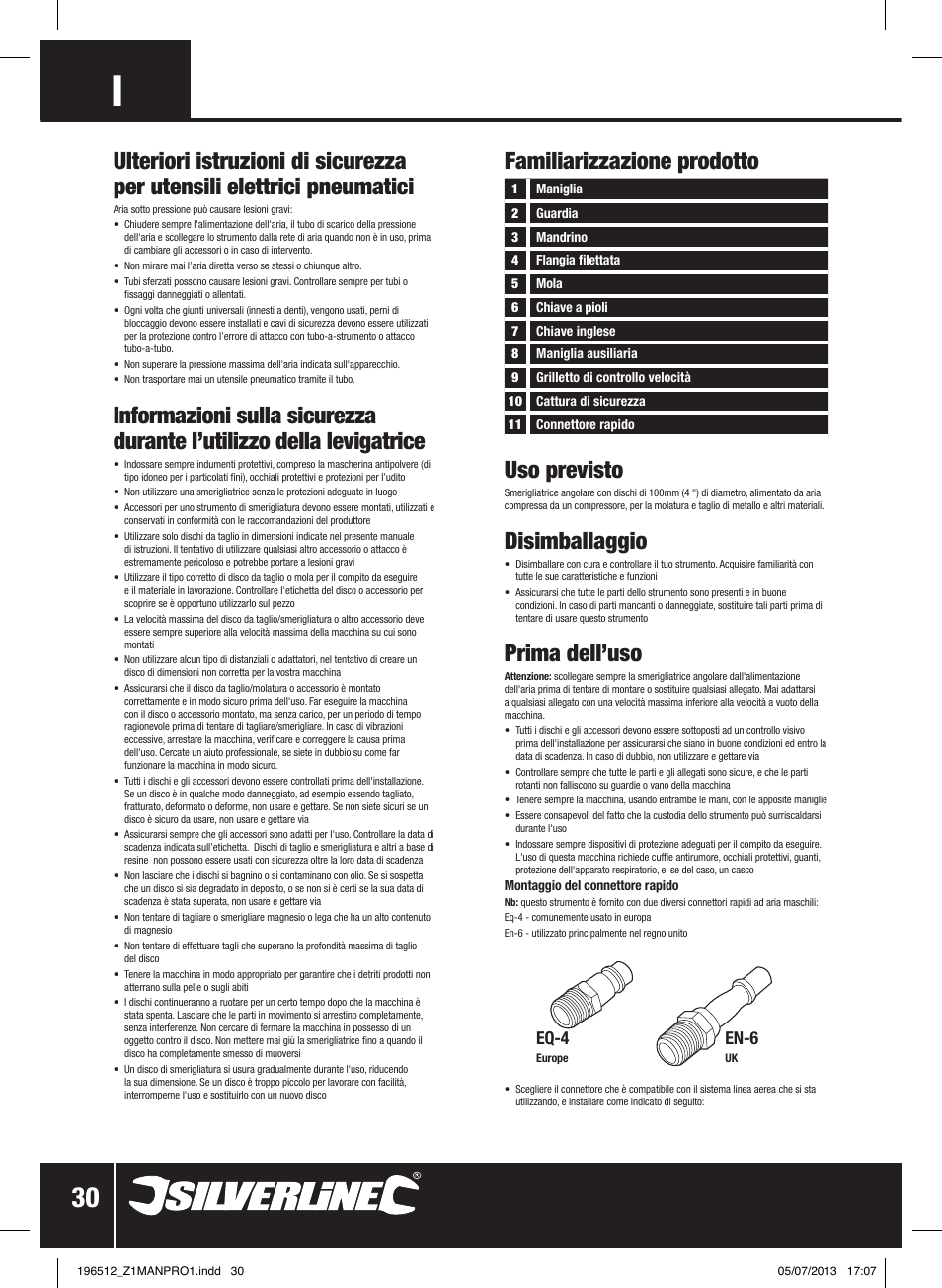 Uso previsto, Disimballaggio, Prima dell’uso | Eq-4, En-6 | Silverline Air Angle Grinder User Manual | Page 31 / 40