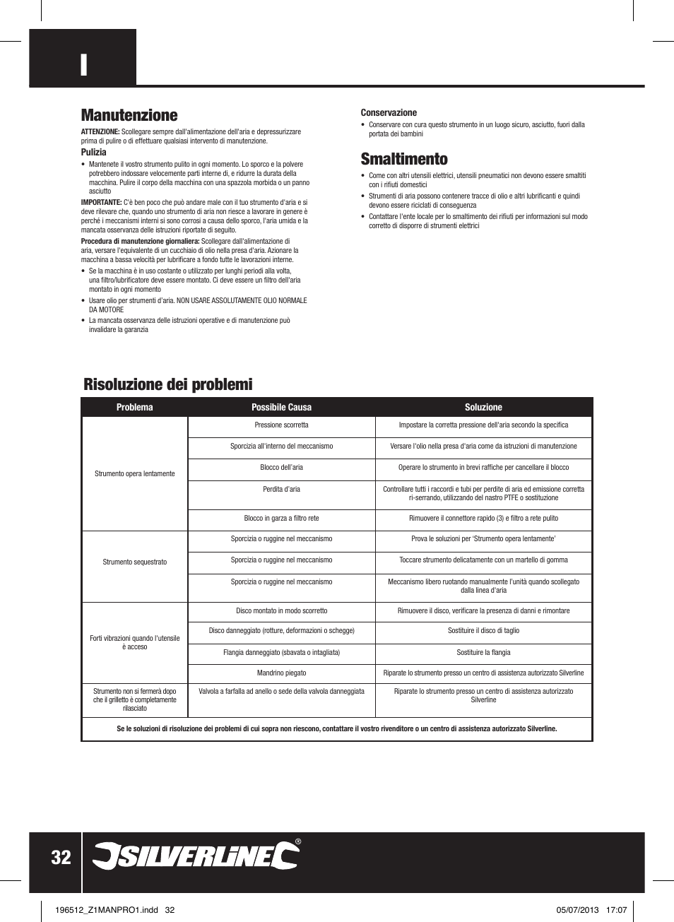 Manutenzione, Risoluzione dei problemi, Smaltimento | Silverline Air Angle Grinder User Manual | Page 33 / 40
