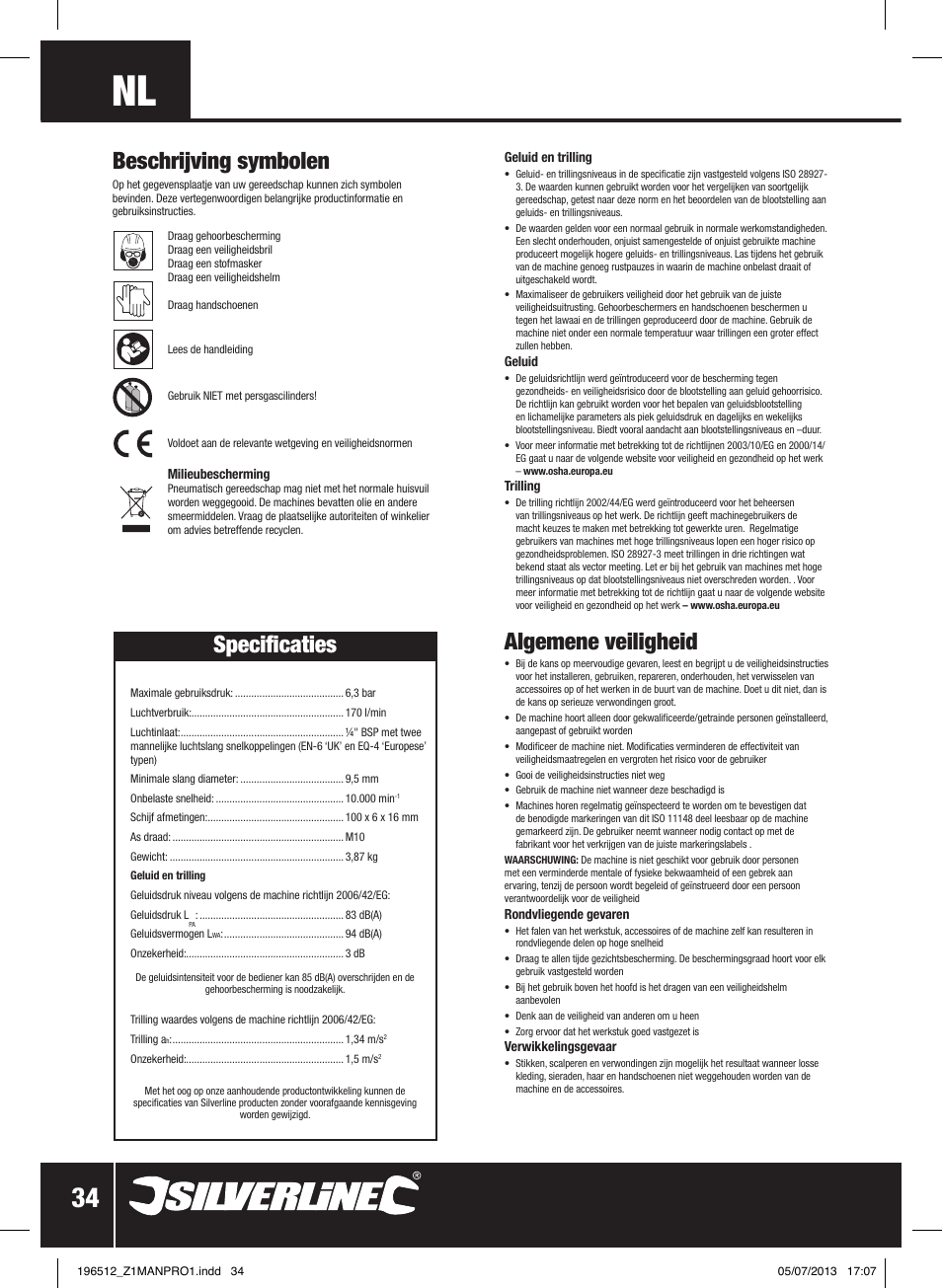 Algemene veiligheid, Beschrijving symbolen, Specificaties | Silverline Air Angle Grinder User Manual | Page 35 / 40