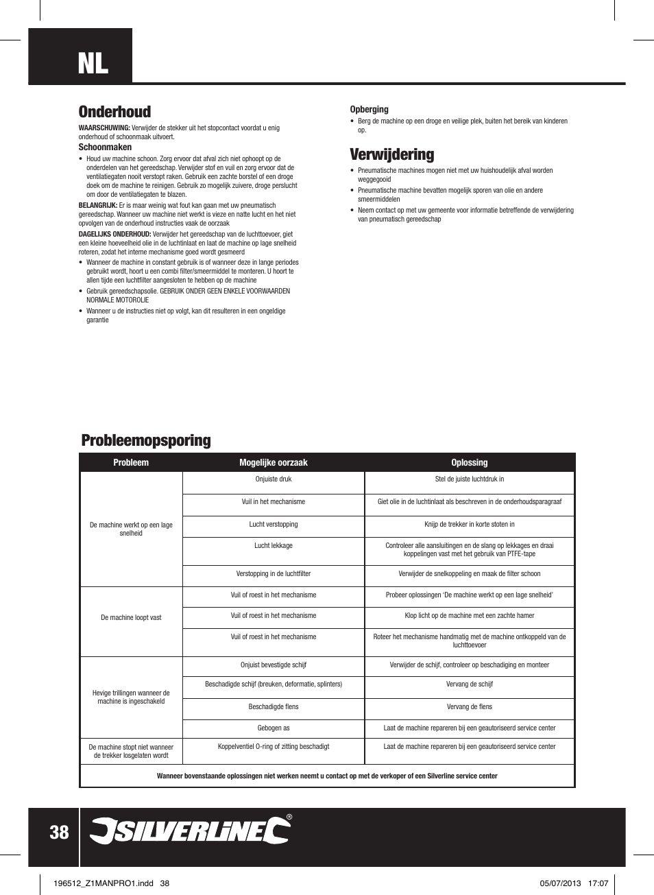 Onderhoud, Probleemopsporing, Verwijdering | Silverline Air Angle Grinder User Manual | Page 39 / 40