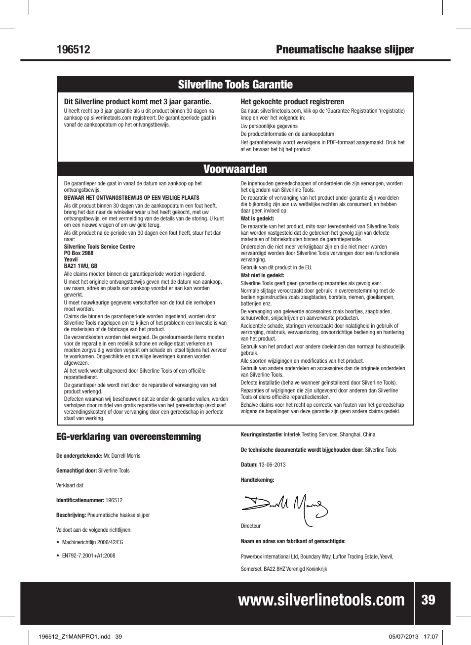 Voorwaarden silverline tools garantie, Eg-verklaring van overeenstemming | Silverline Air Angle Grinder User Manual | Page 40 / 40