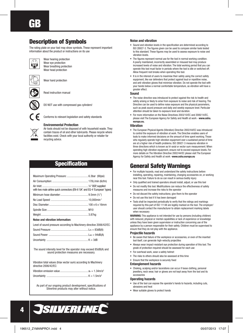 General safety warnings, Description of symbols, Specification | Silverline Air Angle Grinder User Manual | Page 5 / 40