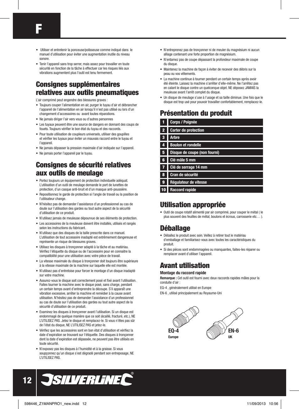 Présentation du produit, Utilisation appropriée, Déballage | Avant utilisation, Eq-4, En-6 | Silverline Air Cut-Off Tool User Manual | Page 13 / 40