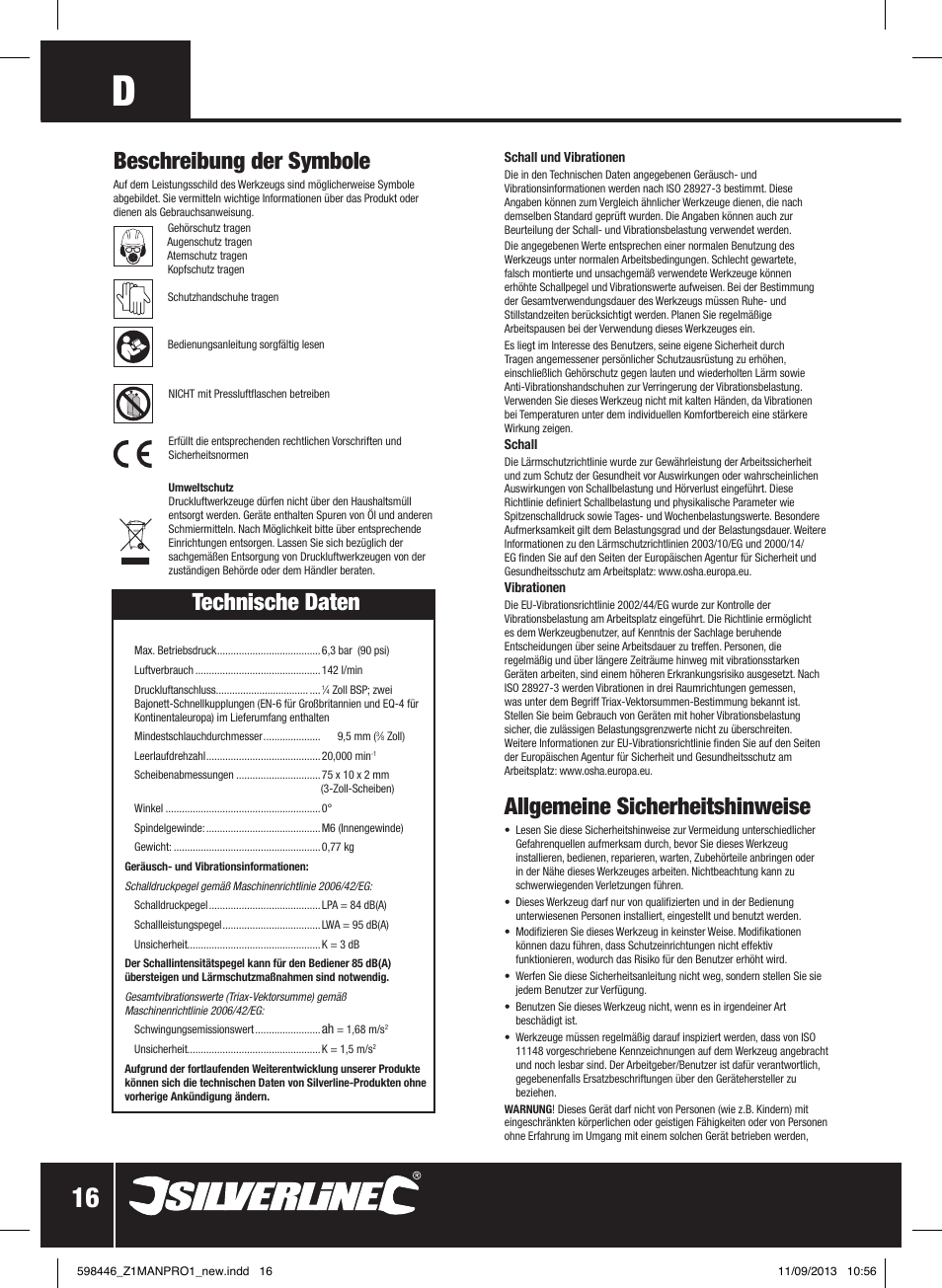 Beschreibung der symbole, Technische daten, Allgemeine sicherheitshinweise | Silverline Air Cut-Off Tool User Manual | Page 17 / 40
