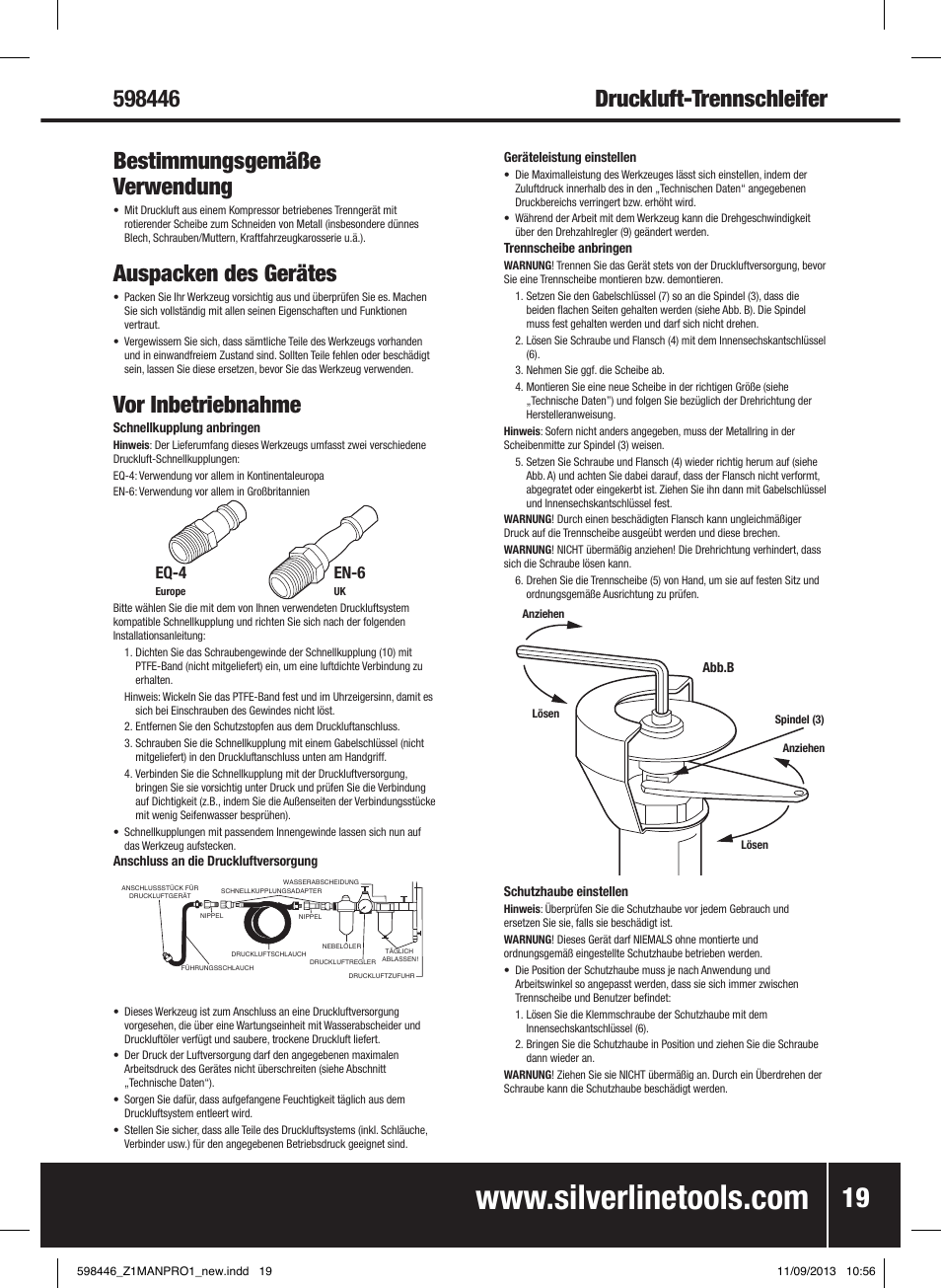 Auspacken des gerätes, Vor inbetriebnahme, Eq-4 | En-6 | Silverline Air Cut-Off Tool User Manual | Page 20 / 40