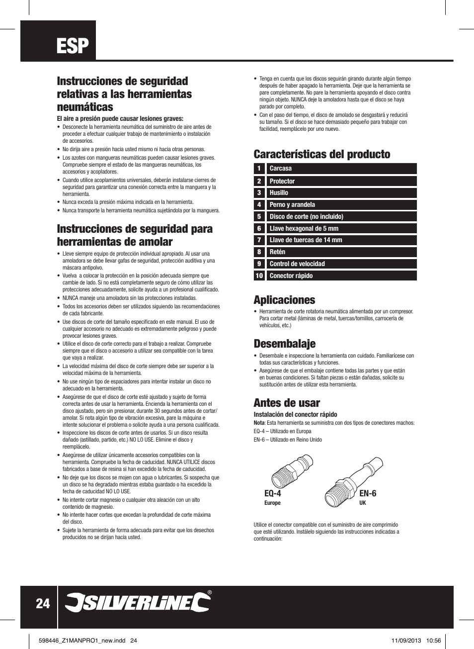 Características del producto aplicaciones, Desembalaje, Antes de usar | Eq-4, En-6 | Silverline Air Cut-Off Tool User Manual | Page 25 / 40