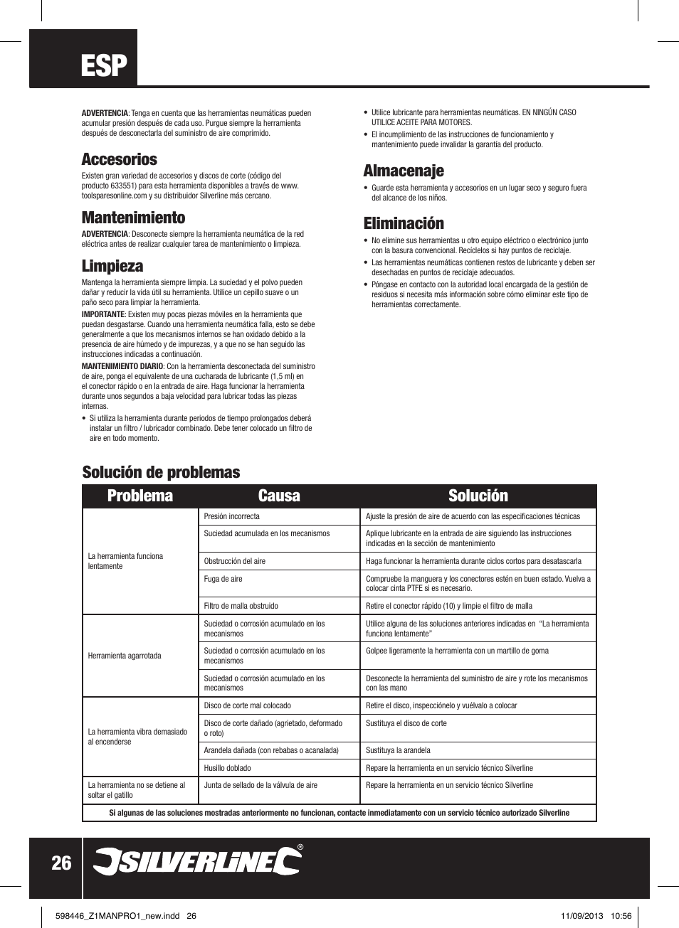 Almacenaje, Eliminación, Accesorios | Mantenimiento, Limpieza, Solución de problemas problema causa solución | Silverline Air Cut-Off Tool User Manual | Page 27 / 40