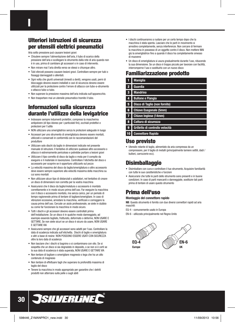 Familiarizzazione prodotto uso previsto, Disimballaggio, Prima dell'uso | Eq-4, En-6 | Silverline Air Cut-Off Tool User Manual | Page 31 / 40