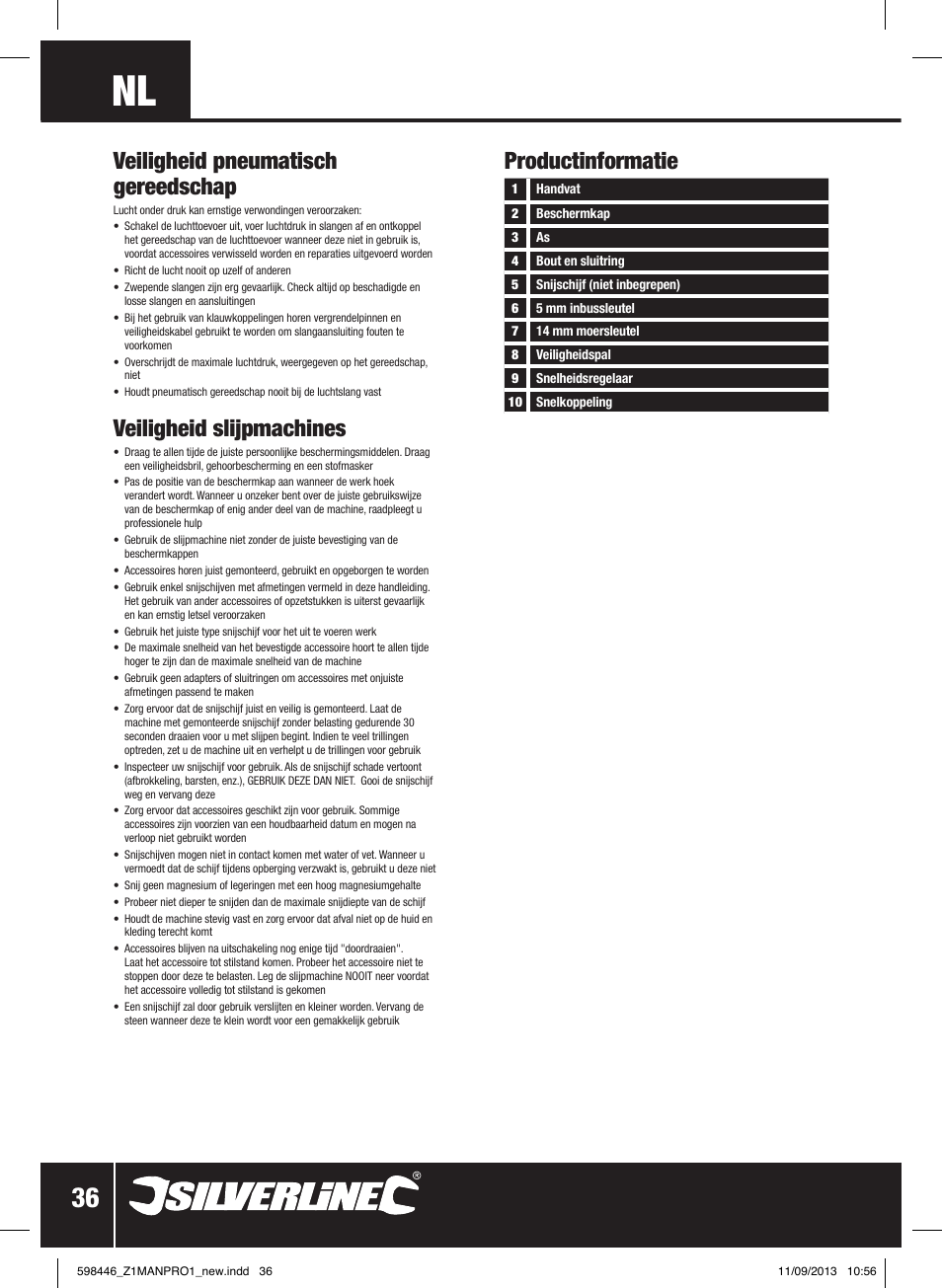Veiligheid pneumatisch gereedschap, Veiligheid slijpmachines, Productinformatie | Silverline Air Cut-Off Tool User Manual | Page 37 / 40