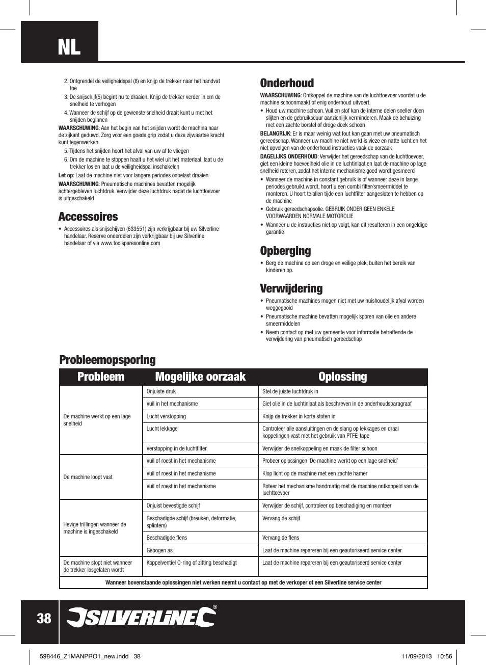 Onderhoud, Opberging, Verwijdering | Accessoires | Silverline Air Cut-Off Tool User Manual | Page 39 / 40