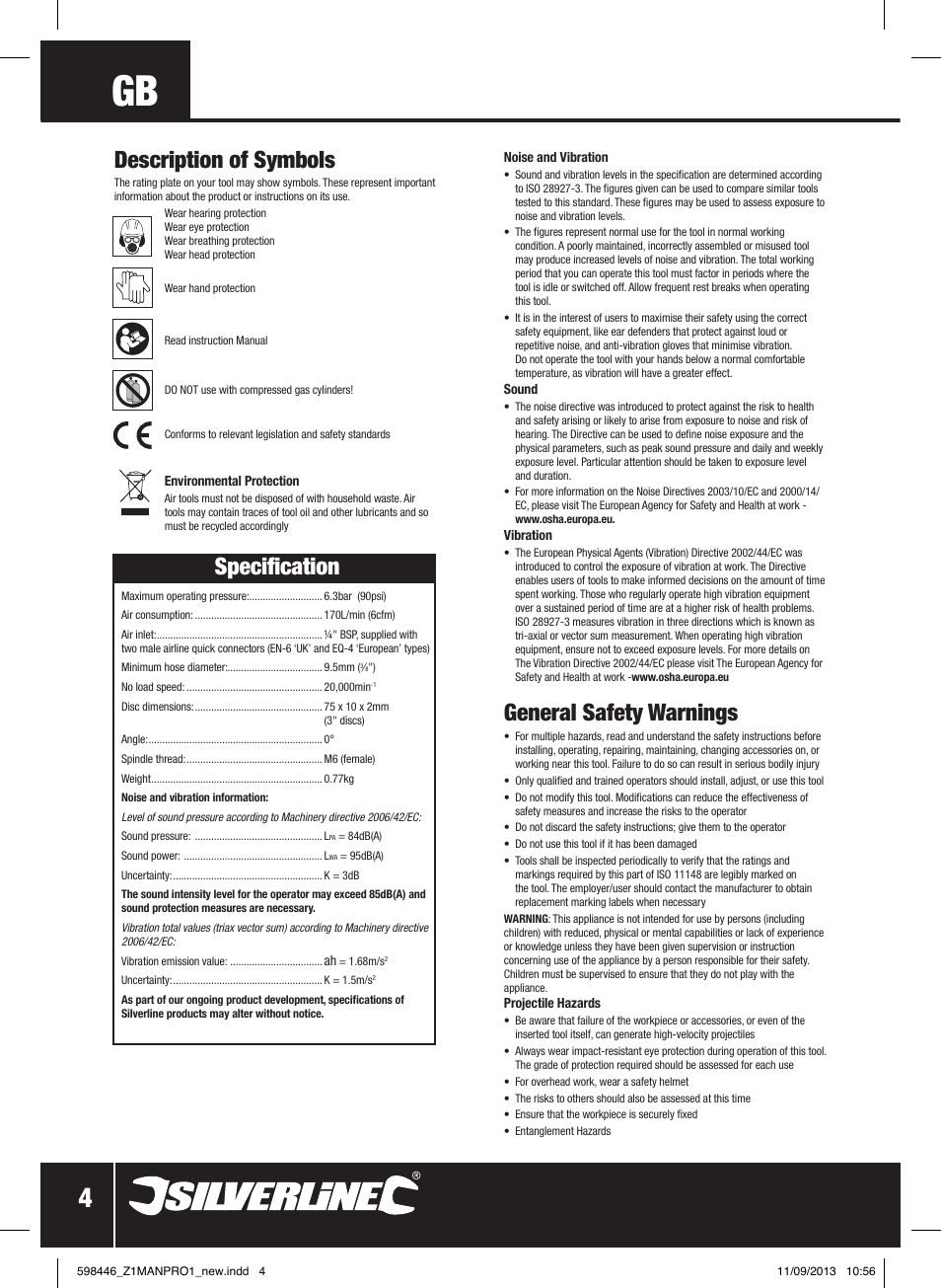 General safety warnings, Description of symbols, Specification | Silverline Air Cut-Off Tool User Manual | Page 5 / 40