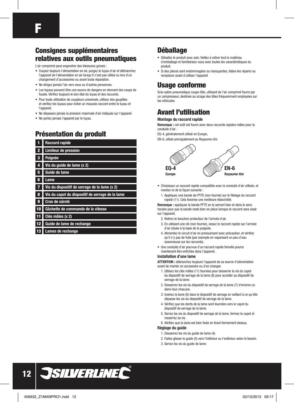 Déballage, Usage conforme, Avant l’utilisation | Eq-4, En-6 | Silverline Air Body Saw User Manual | Page 13 / 40