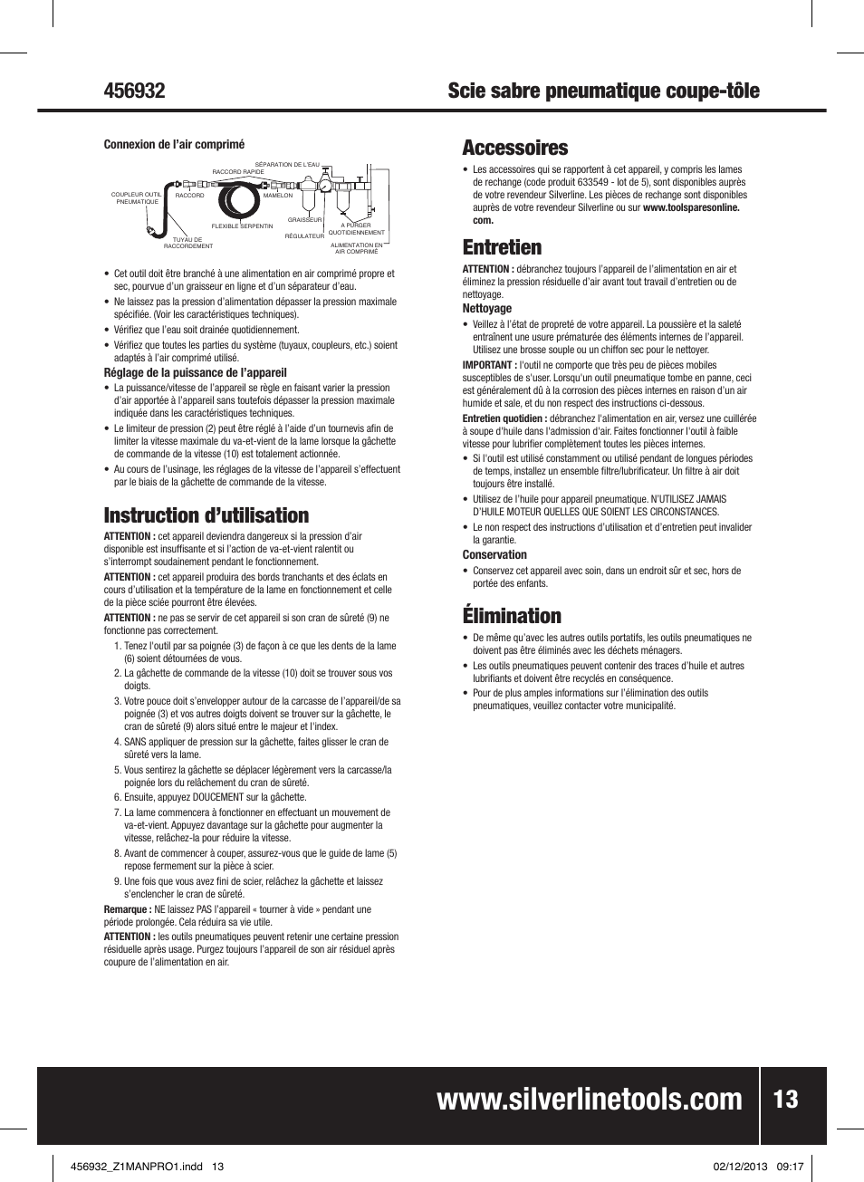 Entretien, Élimination, Scie sabre pneumatique coupe-tôle | Instruction d’utilisation | Silverline Air Body Saw User Manual | Page 14 / 40