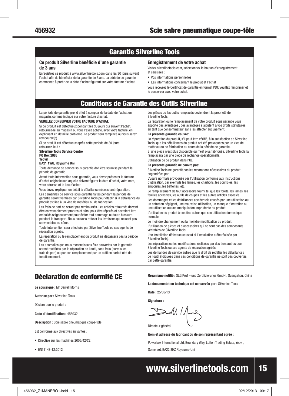 Déclaration de conformité ce | Silverline Air Body Saw User Manual | Page 16 / 40